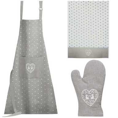 Duo of White Cats in a Heart Tea Towel and Matching Guantlet and Apron - Gift Set