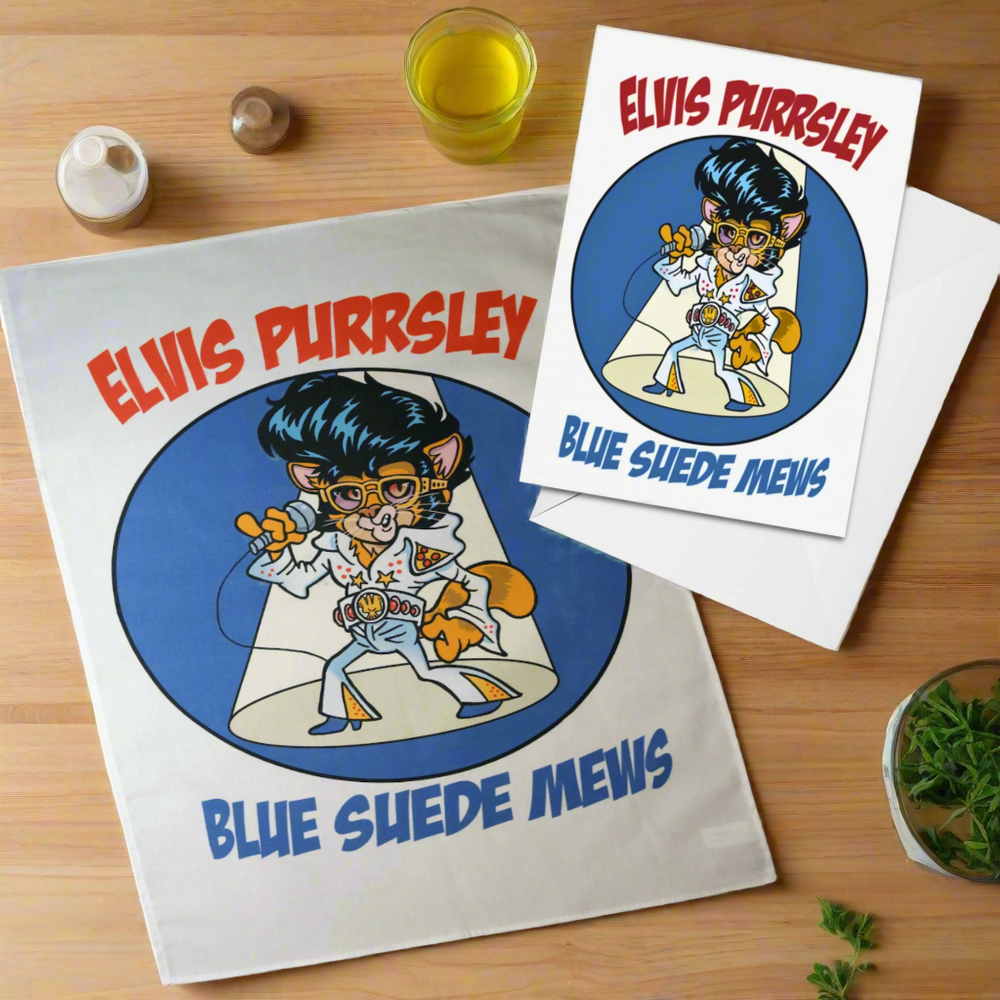 Elvis Purrsley Cat Greeting Card and Matching Tea Towel - Gift Set