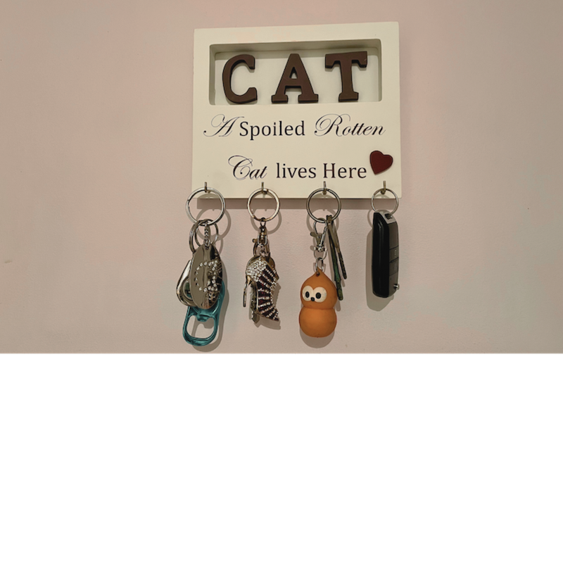 Cat Key Hook Wooden Plaque Wall Mounted