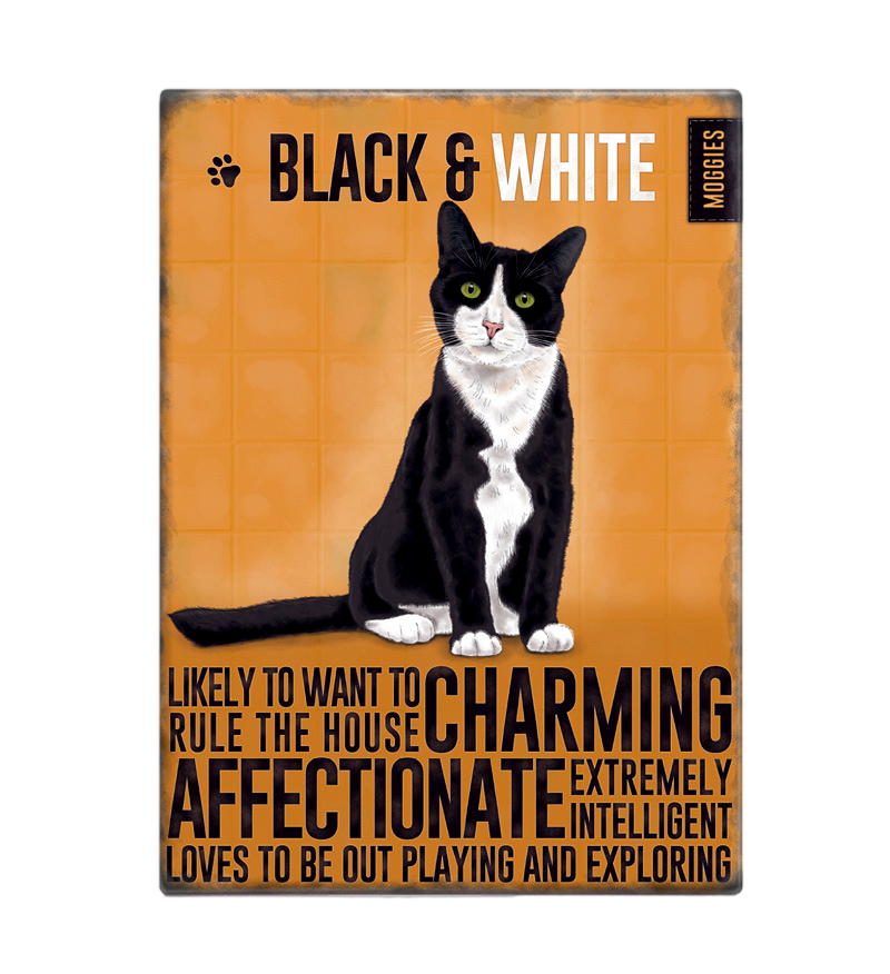 Black & White Cat Metal Hanging Cat Sign and Matching Fridge Magnet