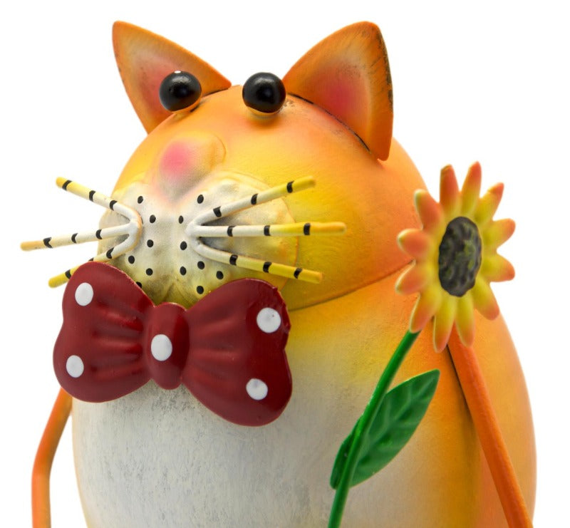 Chester the Cheshire Metal Bobbin Cat Ornament and Ginger Bobbin Cat Holding Flower - Gift Set