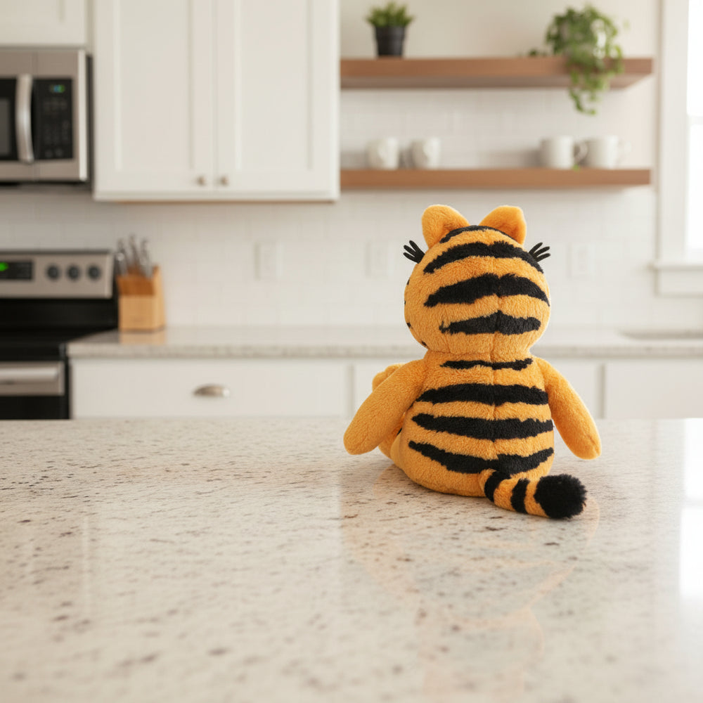 Plush tiger toy on a kitchen counter with a neutral background