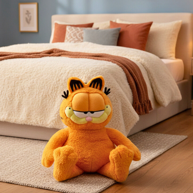 Plush toy resembling a cat character sitting on a rug in front of a bed with colorful pillows.