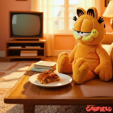 Plush toy of Garfield sitting on a couch with lasagna in front of it in a cozy living room setting.