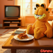 Plush toy of Garfield sitting on a couch with lasagna in front of it in a cozy living room setting.