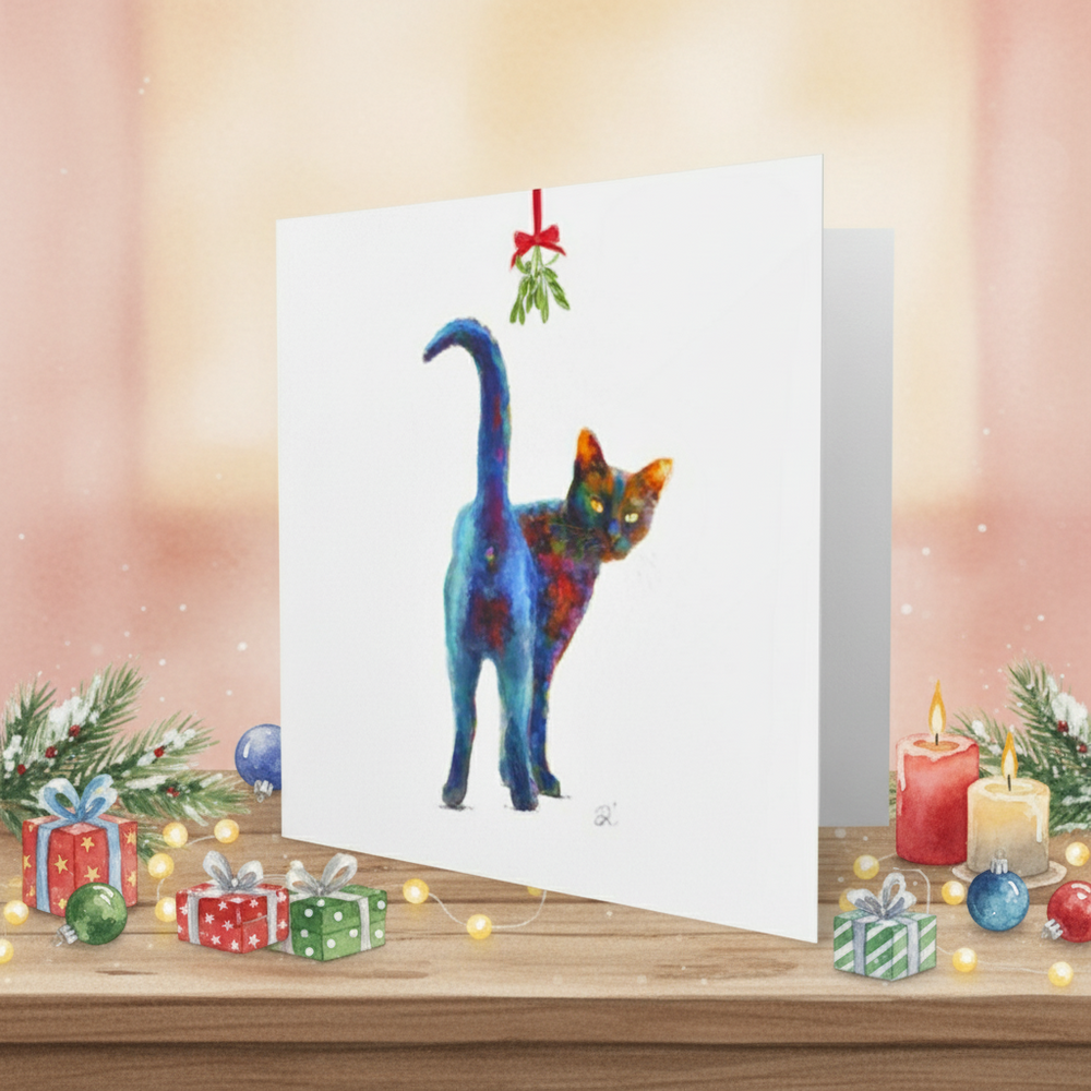 Greeting card with a colorful cat illustration on a pink background