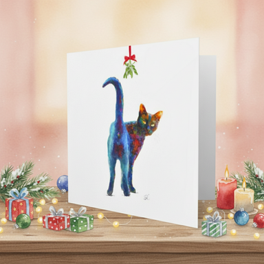 Greeting card with a colorful cat illustration on a pink background