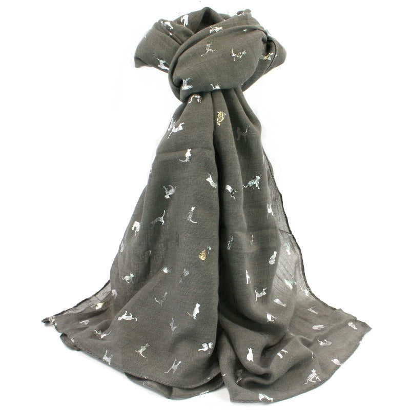 Soft Feel Set of Cat Design Grey Ladies Gloves and Scarf - Gift Set for Her