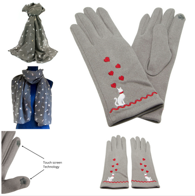 Soft Feel Set of Cat Design Grey Ladies Gloves and Scarf - Gift Set for Her