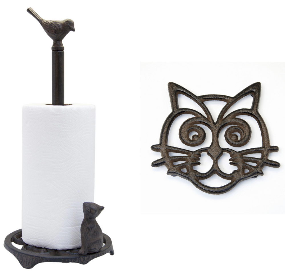 Cast Iron Cat & Bird Kitchen Roll Holder and Cast Iron Cat Trivet - Gift Set