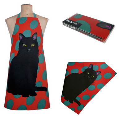 Black Cat Tea Towel and matching Black Cat Apron by Leslie Gerry - Gift Set