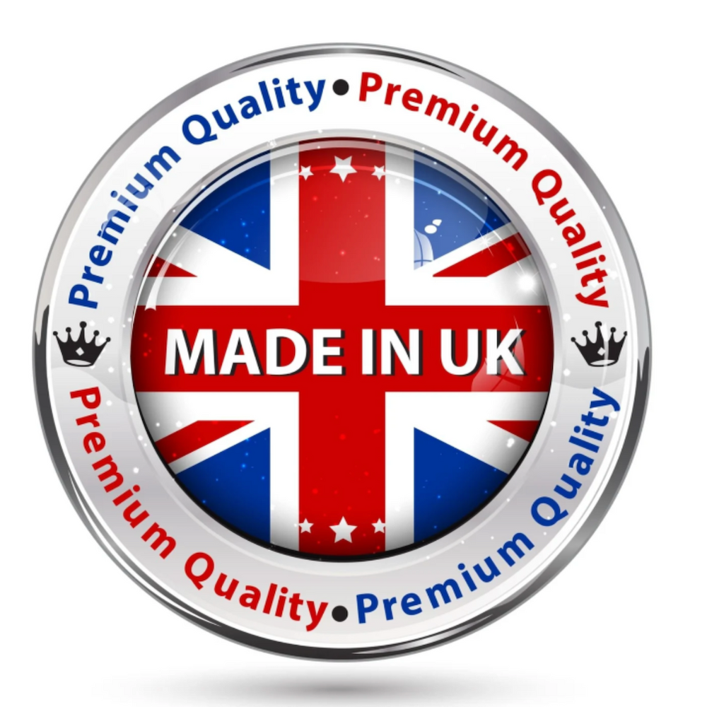 Circular badge with Union Jack design and 'Made in UK' text, surrounded by 'Premium Quality' text.