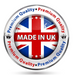 Circular badge with Union Jack design and 'Made in UK' text, surrounded by 'Premium Quality' text.