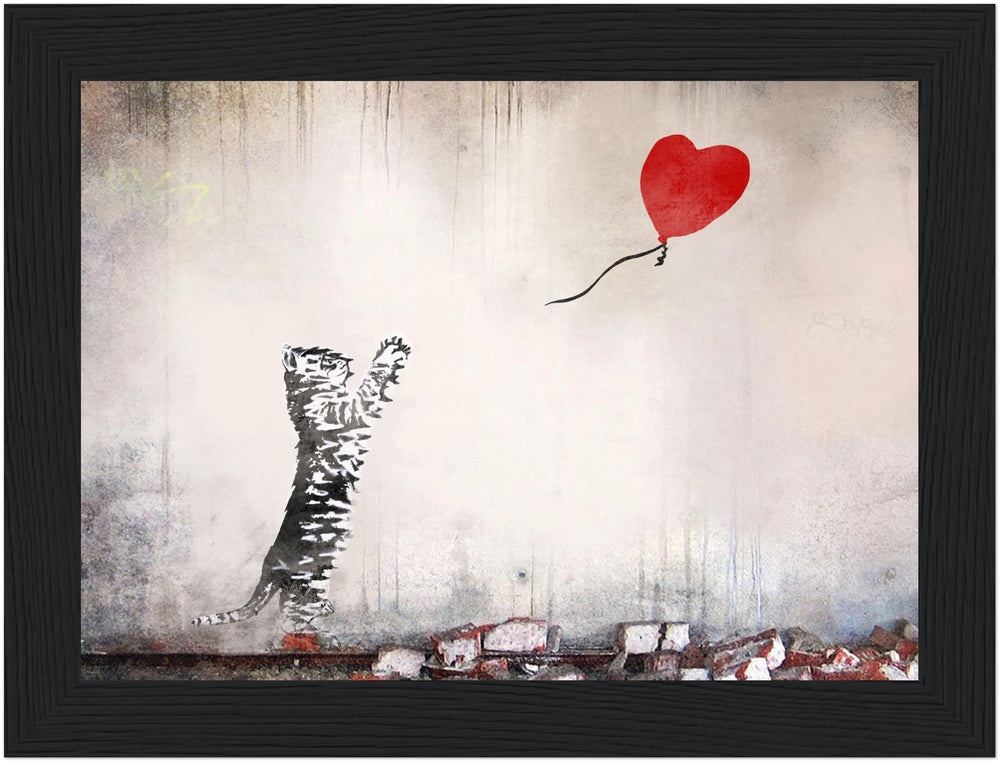 Cat With Balloon 'Banksy' Wall Art Print and Matching Clock - Gift Set