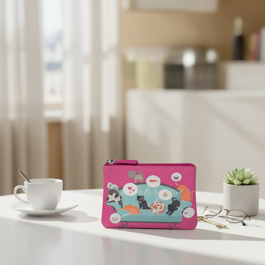 Pink pouch with colorful design on a table with a cup and glasses
