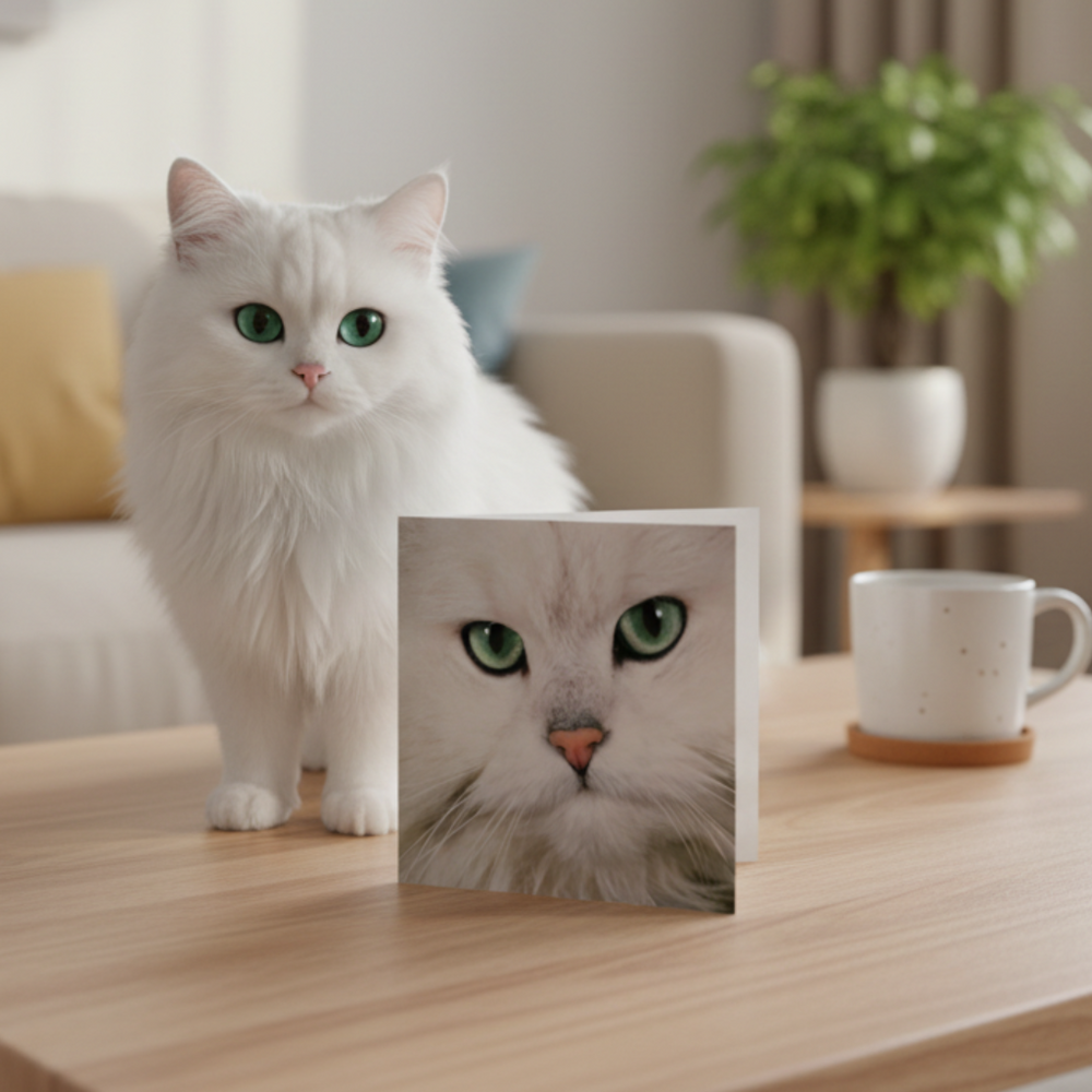White cat with green eyes standing next to a photo of itself on a wooden table.