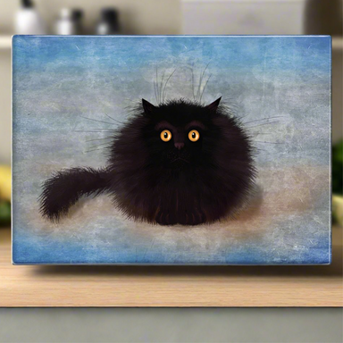 A colorful fridge magnet featuring a stylized black cat with a blue and pink background.
