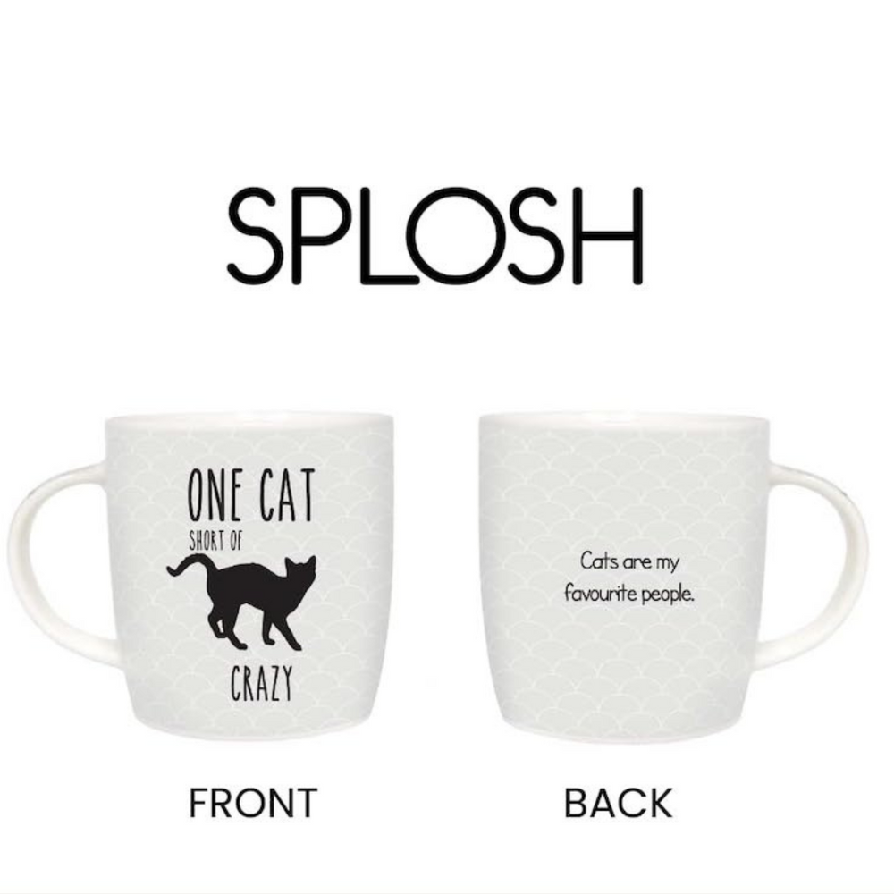 Two mugs with text and a cat illustration on a white background, featuring the brand 'SPLOSH'.