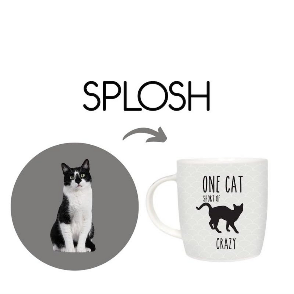 Mug with a cat design and text 'One cat short of crazy' next to a black and white cat illustration.