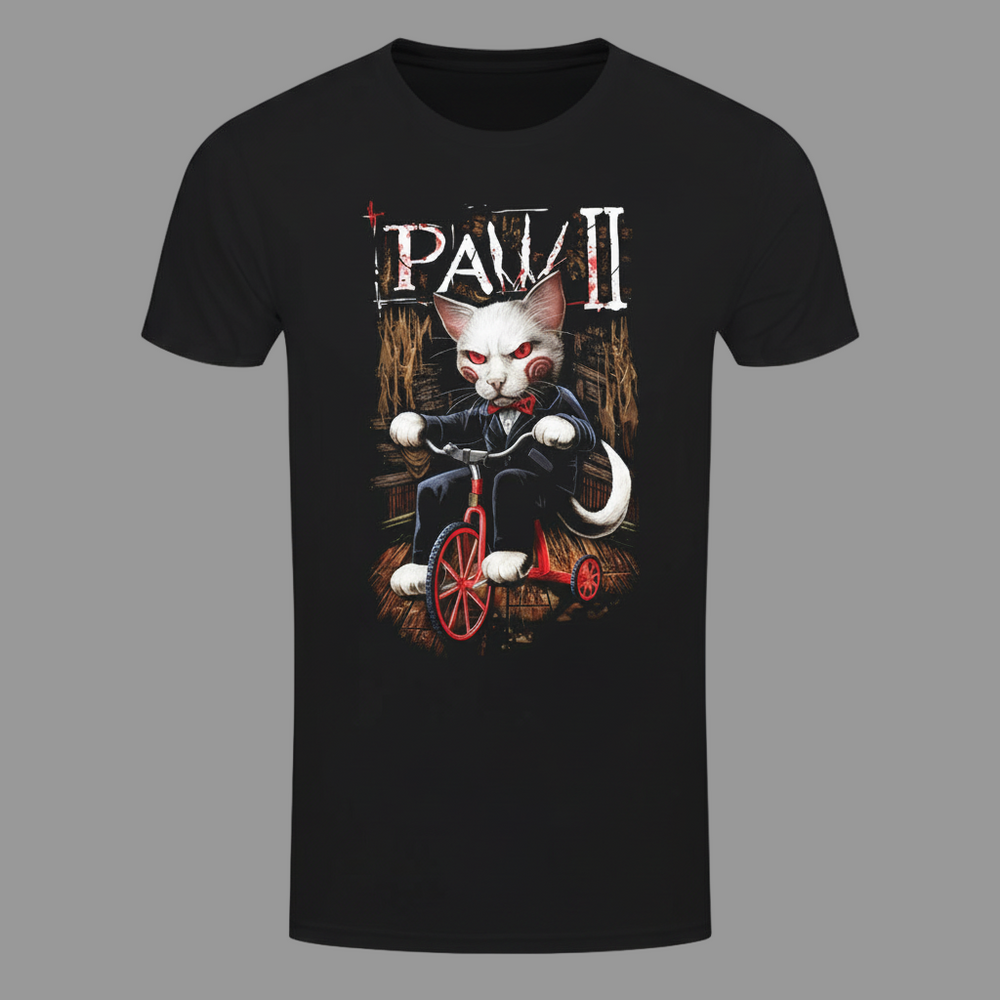 Black t-shirt with a graphic of a cat on a tricycle and 'PAW II' text.
