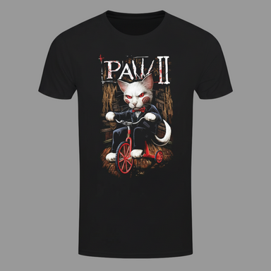 Black t-shirt with a graphic of a cat on a tricycle and 'PAW II' text.