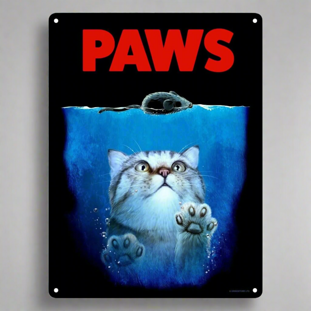 Metal sign with a cat and mouse underwater scene and 'PAWS' text.