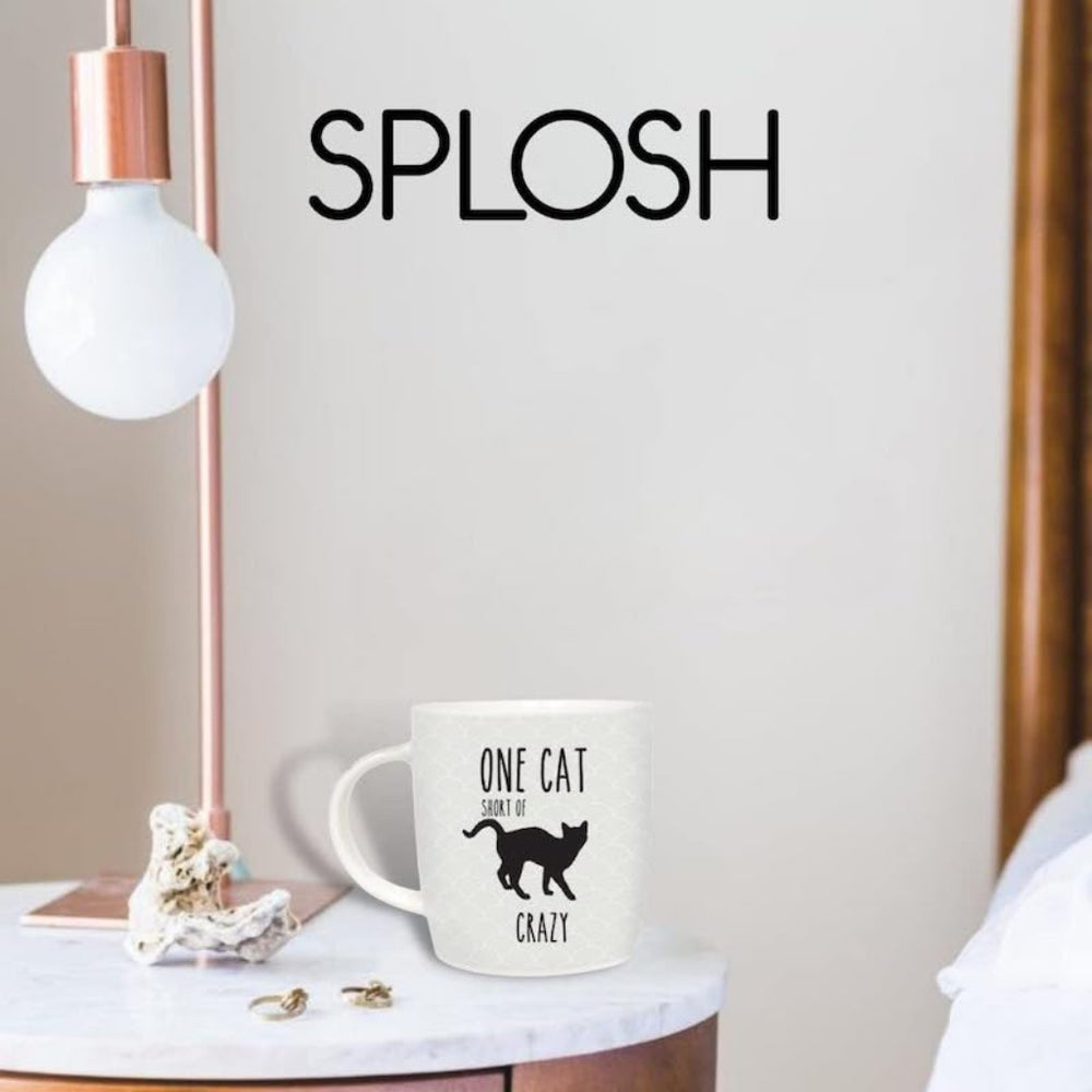 Mug with 'One cat, one cup, one crazy' text on a marble surface with decorative items.