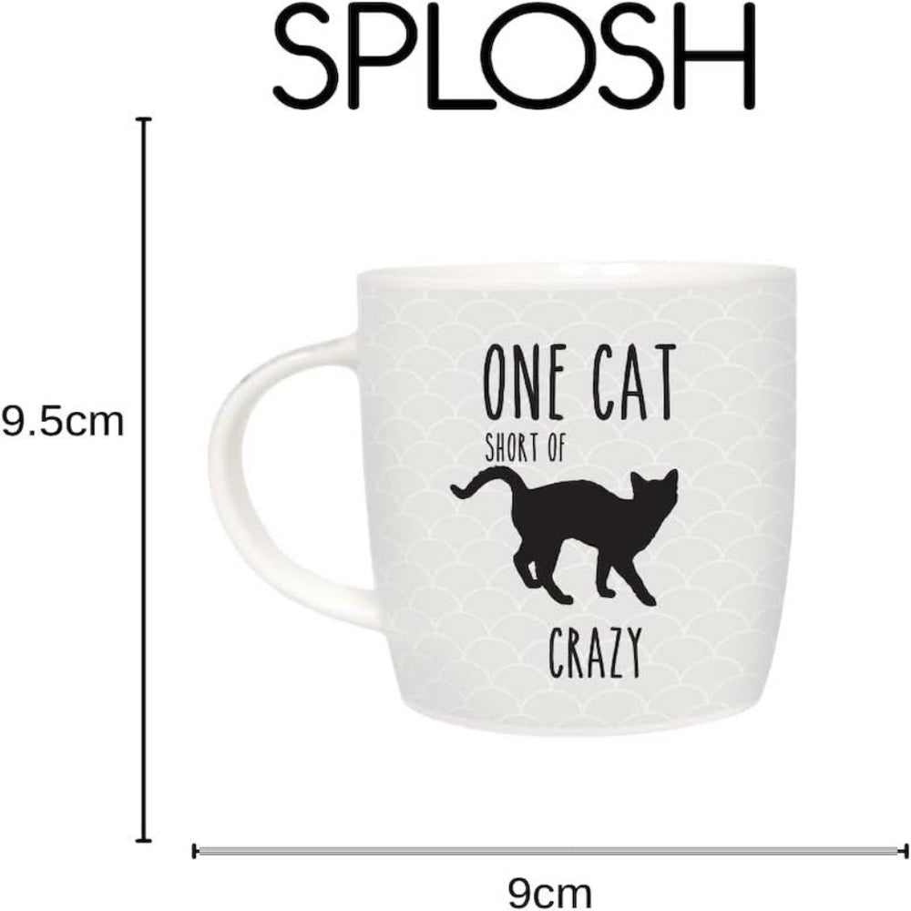White mug with black text and a cat illustration, labeled 'One Cat Short of Crazy', with measurements on a white background.