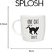 White mug with black text and a cat illustration, labeled 'One Cat Short of Crazy', with measurements on a white background.