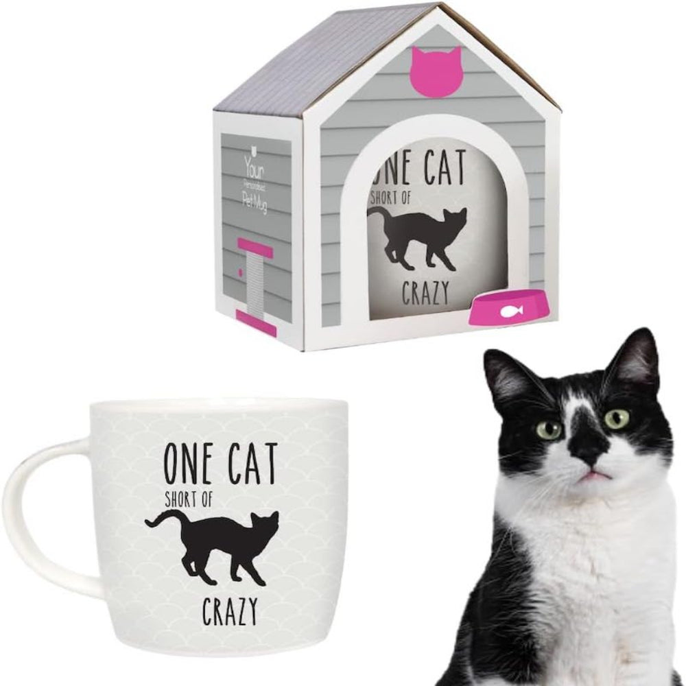 A ceramic mug with a black cat and paw print pattern, displayed alongside its packaging which is shaped like a cat house.