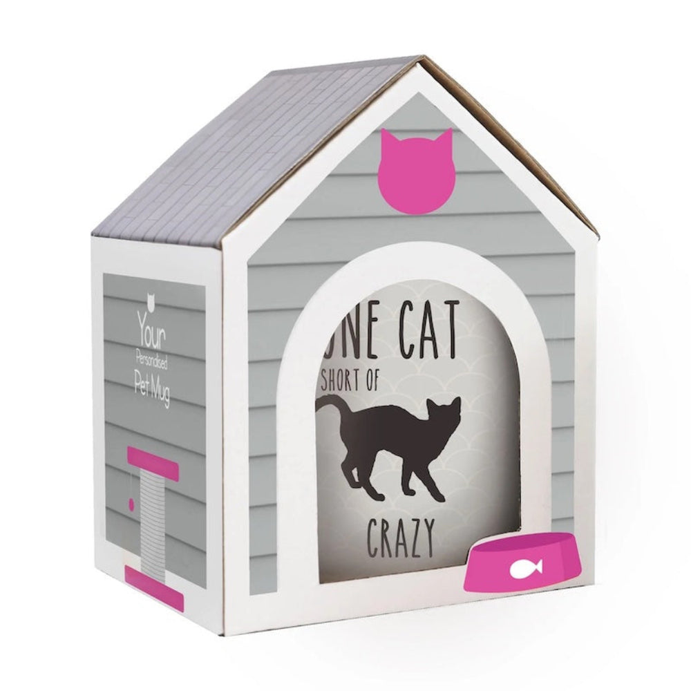 Cat-shaped product with text and a pink icon on a white background