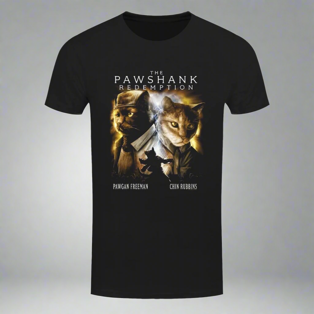 A person wearing a black crewneck t-shirt with a graphic print of two cats and the text 'Pawshank Redemption'.