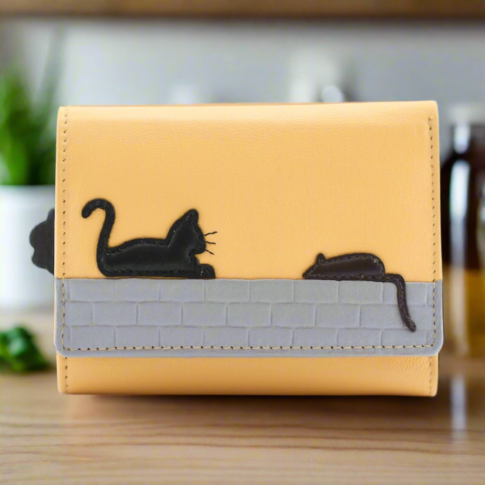 Mala Leather Cat & Mouse Tri Fold Purse Yellow