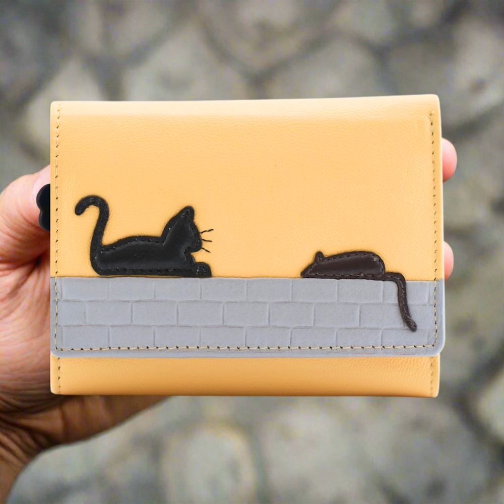 Mala Leather Cat & Mouse Tri Fold Purse Yellow