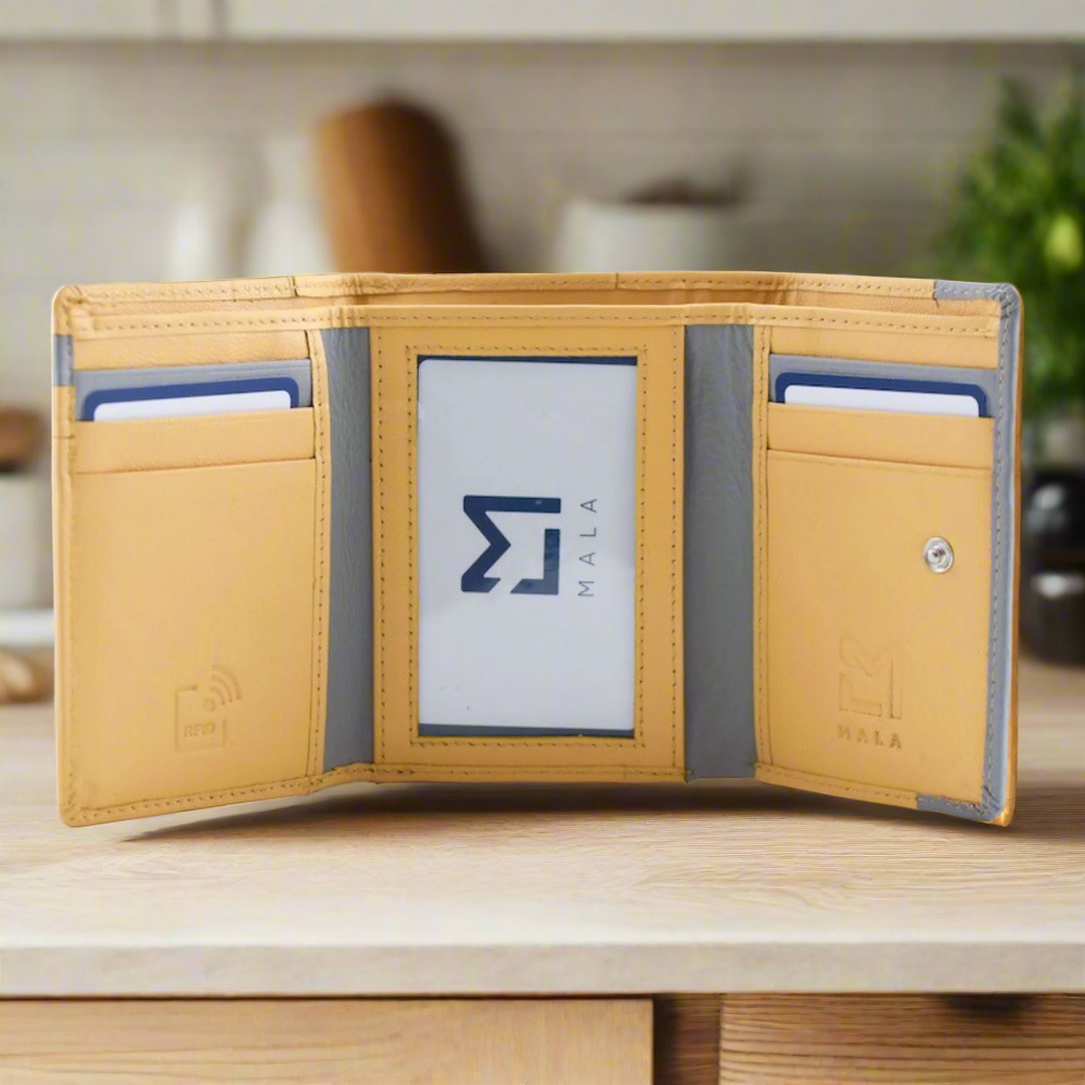 Mala Leather Cat & Mouse Tri Fold Purse Yellow