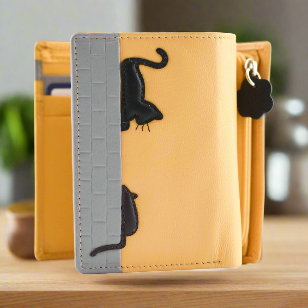 Mala Leather Cat & Mouse Tri Fold Purse Yellow