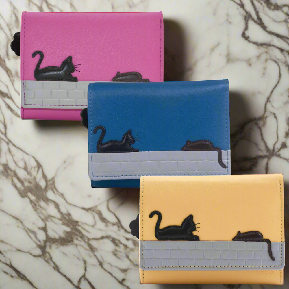 Mala Leather Cat & Mouse Tri Fold Purse Yellow