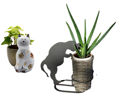 Set of Planters - Silhouette Metal Black Cat Planter & Basket - Small Ceramic Cat Planter - Gift Set