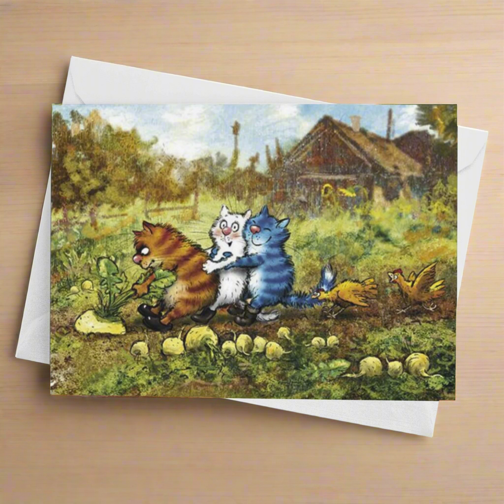 Greeting card with cartoon cats and animals in a garden setting 