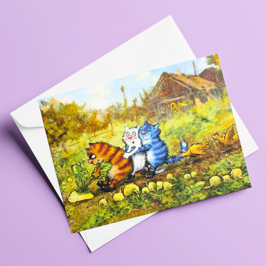 Greeting card with cartoon animals on a purple background