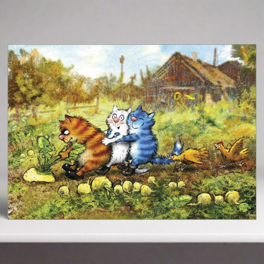 Three cartoon cats in a garden with chickens and vegetables