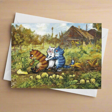 Greeting card with cartoon cats and animals in a garden setting 
