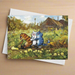 Greeting card with cartoon cats and animals in a garden setting 