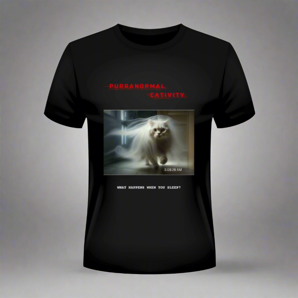 A person wearing a black crew neck T-shirt with a graphic print of a cat, the T-shirt has the text 'Purranormal Cativity' and a tagline 'What happened when we went silent'.