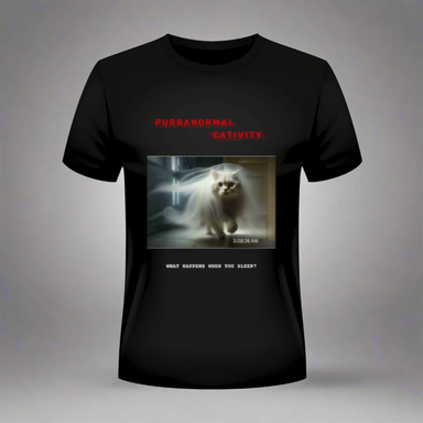 A person wearing a black crew neck T-shirt with a graphic print of a cat, the T-shirt has the text 'Purranormal Cativity' and a tagline 'What happened when we went silent'.