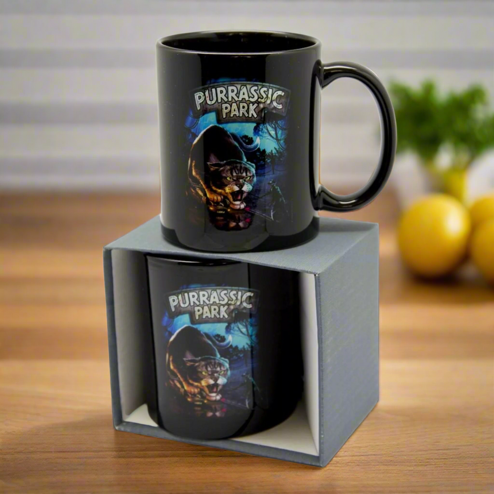 Purrassic Park Black Cat Mug – Funny Gift for Cat Lovers – Boxed Ceramic