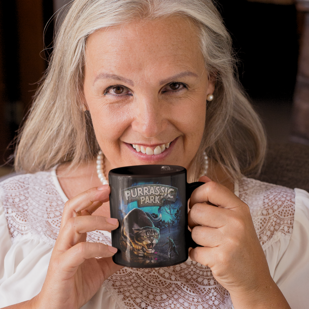 Purrassic Park Black Cat Mug – Funny Gift for Cat Lovers – Boxed Ceramic