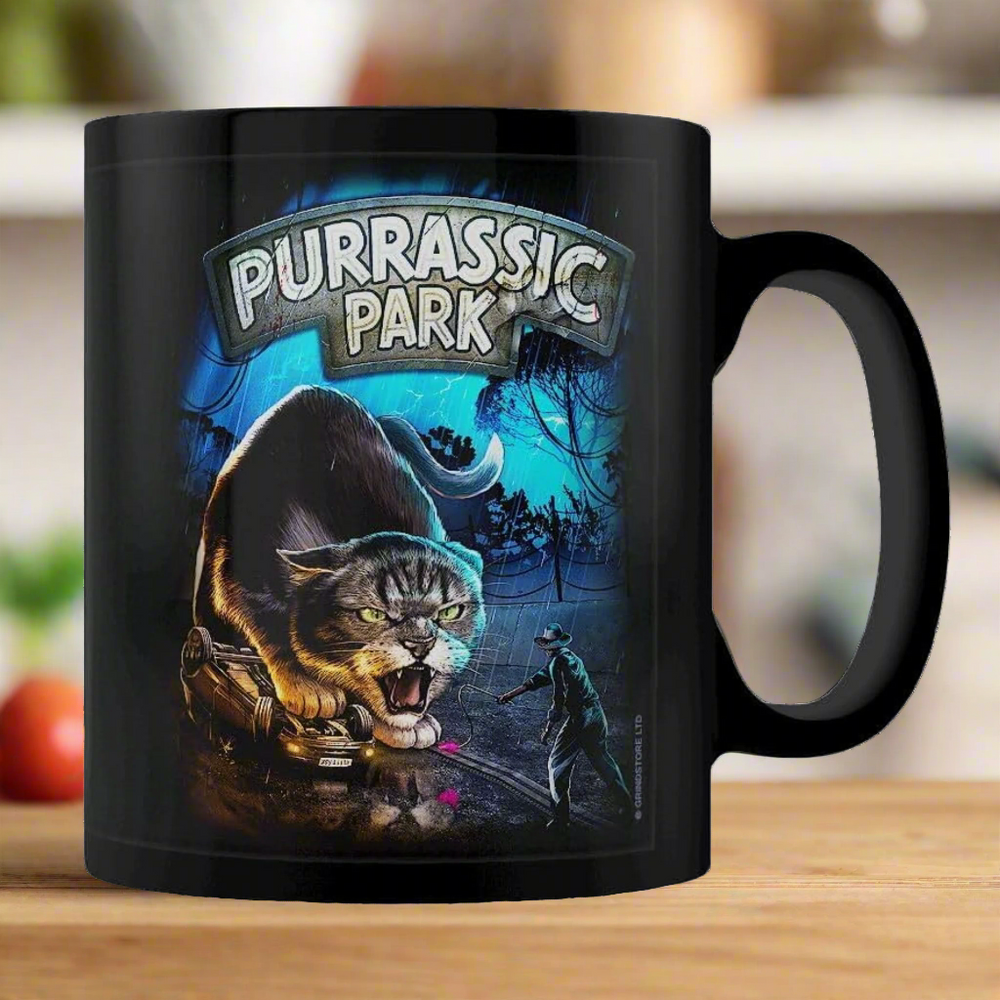 Purrassic Park Black Cat Mug – Funny Gift for Cat Lovers – Boxed Ceramic
