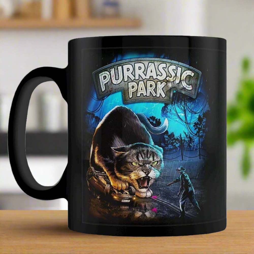 Purrassic Park Black Cat Mug – Funny Gift for Cat Lovers – Boxed Ceramic