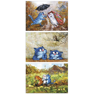 'Pull' 'Not Again' and 'Old Umbrella' Funny Cat Greeting Cards by Rina Zeniuk Set